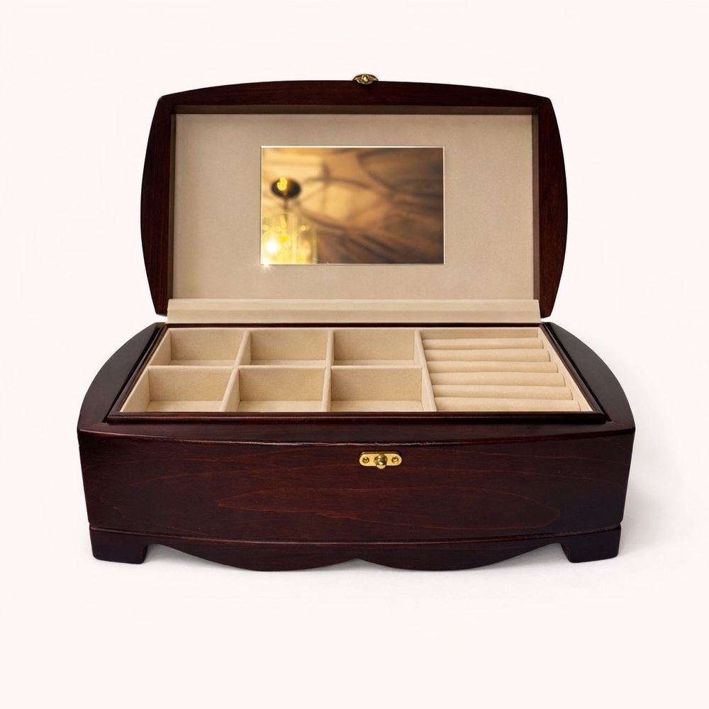 Wooden Jewelry Organizer Box with Mirror - Dark Brown